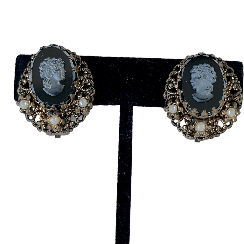 Vtg Antique Gold Hematite Cameo Clip On Earrings Faux Pearls W. Germany Filigree